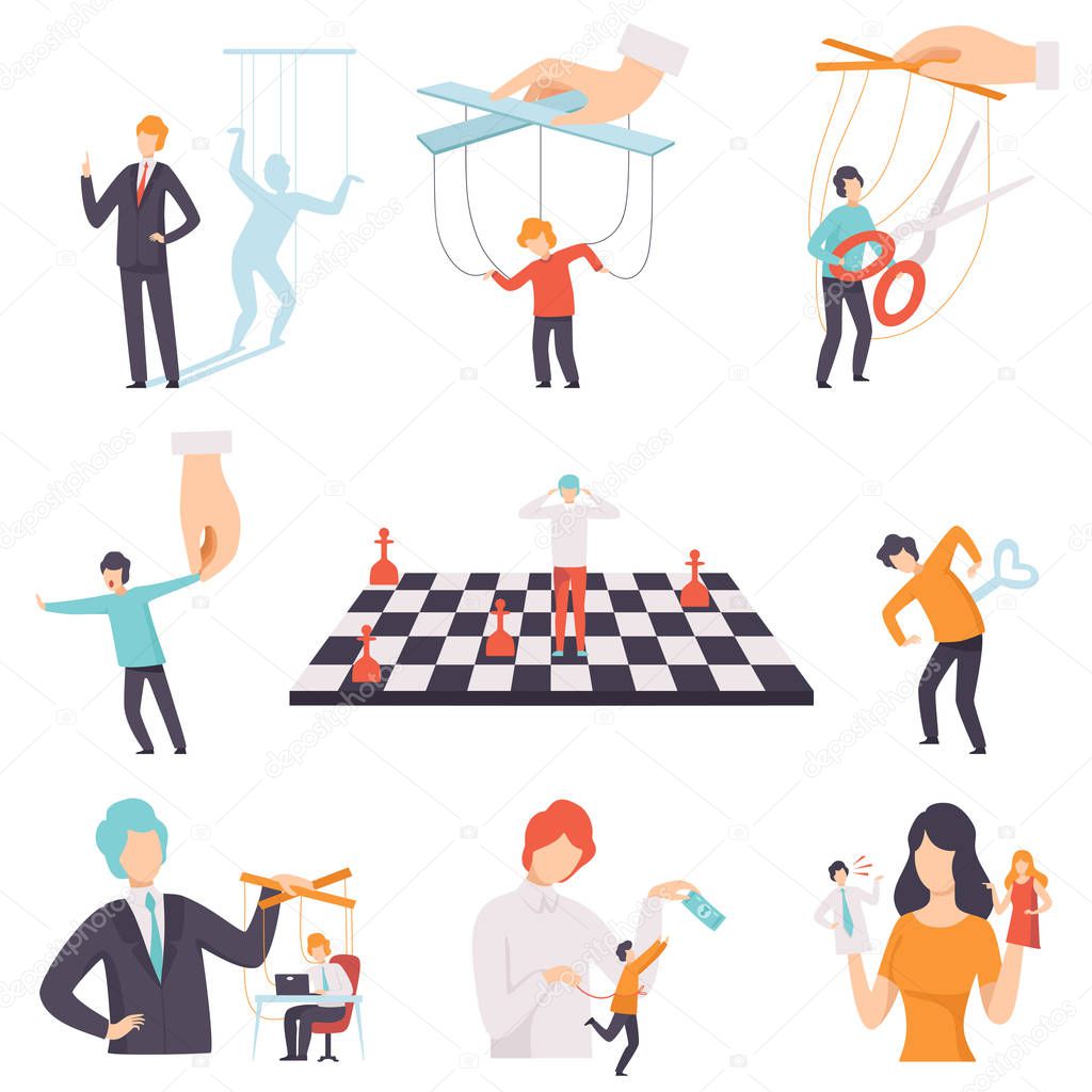 Manipulation of People Set, Marionette People on Ropes Controlled by Others Vector Illustration