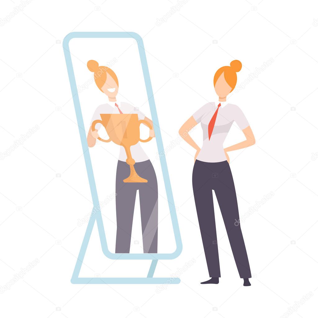 Narcissistic Woman Character Looking at Mirror and Seeing in Reflection of Herself with Winner Cup, Girl Overestimate Herself, Self Confidence, Motivation Vector Illustration