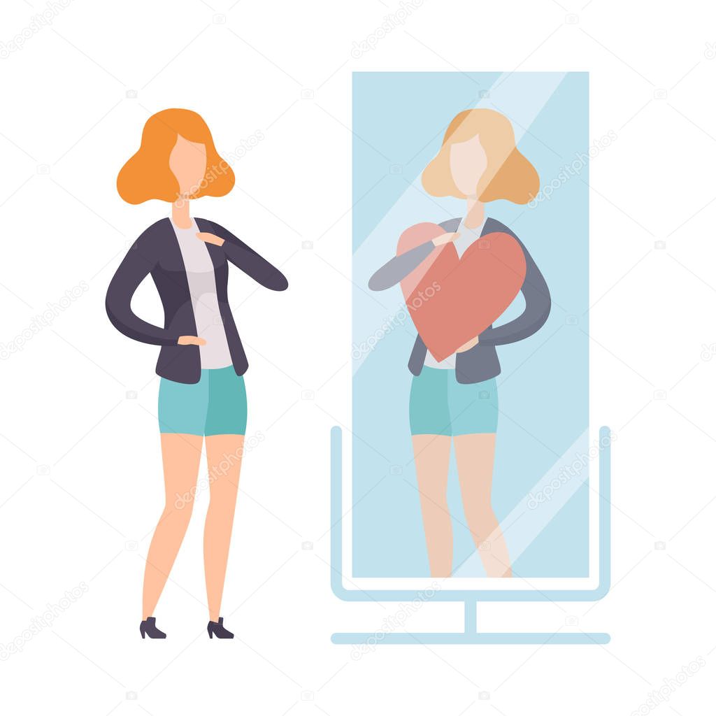 Narcissistic Woman Character Looking at Mirror and Seeing in Reflection of Herself with Red Heart, Girl Overestimate Herself, Self Confidence, Motivation Vector Illustration