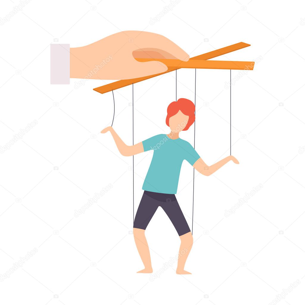 Male Marionette on Ropes Controlled by Hand, Manipulation of People Concept Vector Illustration