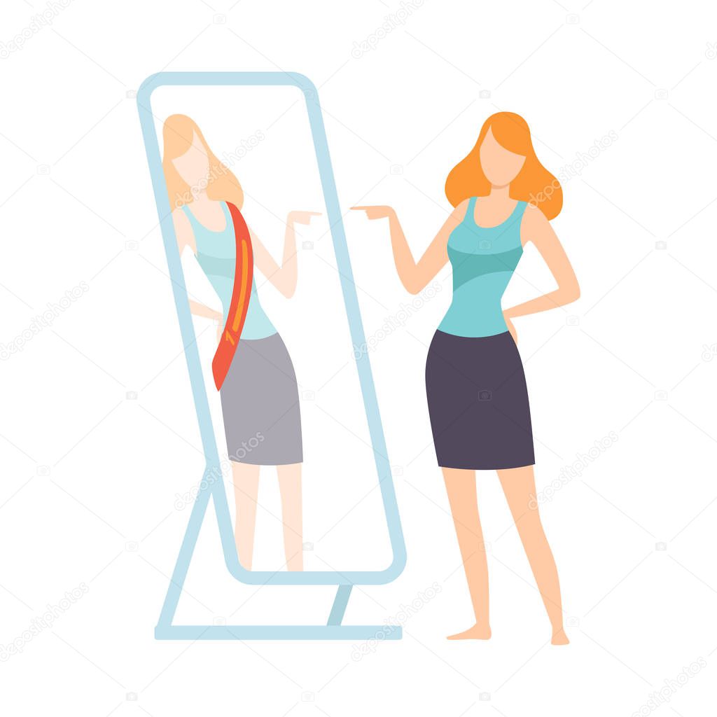 Narcissistic Woman Character Looking at Mirror Pretend to Be Successfull, Girl Overestimate Herself, Self Confidence, Motivation Vector Illustration