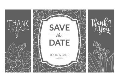 Tarih Düğün Davetiyesi Şablonları Seti kaydedin, Teşekkür Ederim, Rsvp Kart Elle Çizilmiş Çiçekler ve Metin Monokrom Vektör İllüstrasyon için Boşluk ile