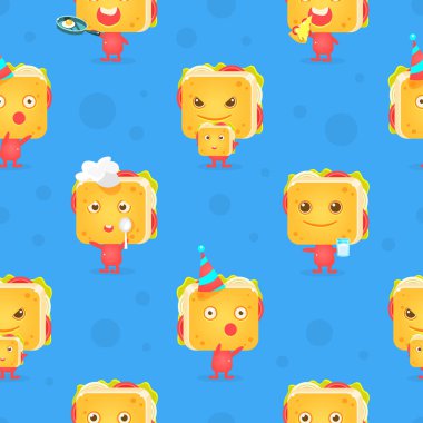 Komik Sandviç Karakter Dikişsiz Desen, Çocuksu Tasarım Elemanı Duvar Kağıdı, Ambalaj, Arka Plan Vektör İllüstrasyon için Kullanılabilir