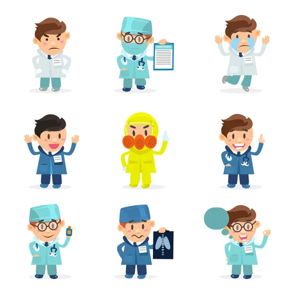 Juego de personajes divertidos de médicos, personal médico del hospital, médicos masculinos con varias emociones Vector Ilustración — Vector de stock