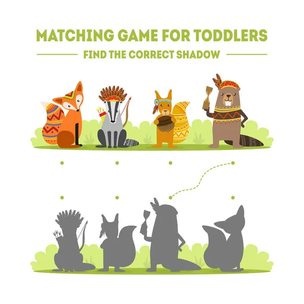 Educatieve matching spel voor Preschool Kids, vinden de juiste schaduw met leuke wilde etnische dieren vector illustratie — Stockvector