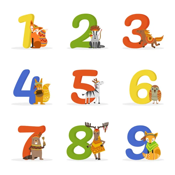 Animaux et nombres ethniques sauvages mignons, numéros d'anniversaire Illustration vectorielle — Image vectorielle