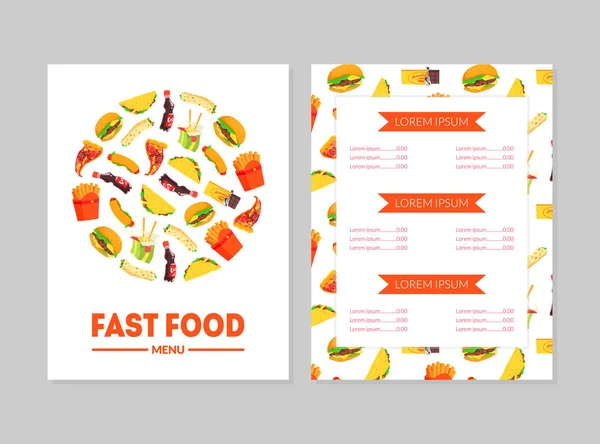 Fast Food Menü Şablonu, Restoran Broşürü, Fiyatlar vektör çizimi ile Yemek ve İçecek Listesi — Stok Vektör