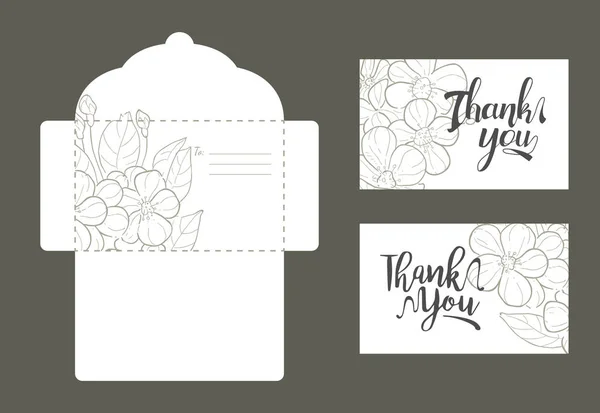 Save the Date Wedding Invitation Templates Set, Thank You, Rsvp Card with Hand Drawn Flowers, Frame with Space for Text Vector Illustration — Stock Vector