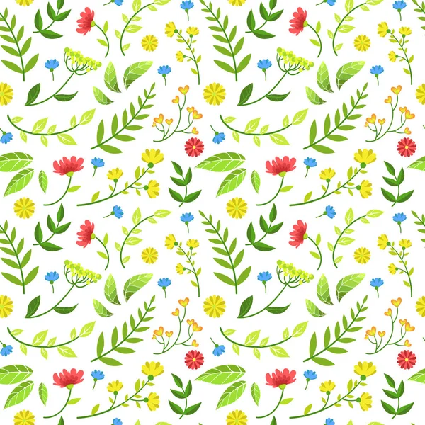 Floral Seamless Pattern of Round Shape with Green Leaves and Flowers, Design Element Can Be Used for Fabric, Wallpaper, Packaging Vector Illustration — Stock Vector