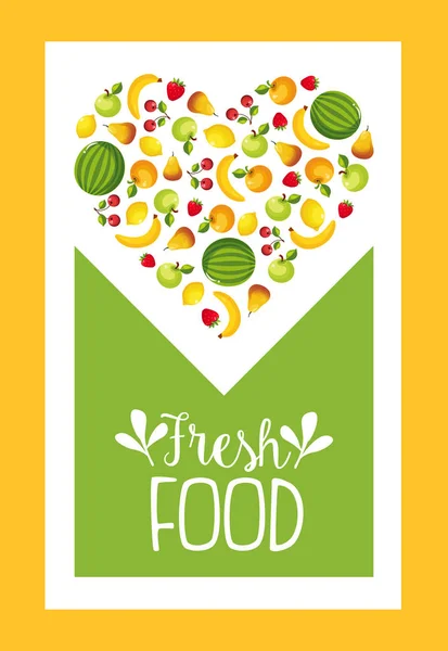 Modello di banner per alimenti freschi con motivo di frutta a forma di cuore illustrazione vettoriale — Vettoriale Stock
