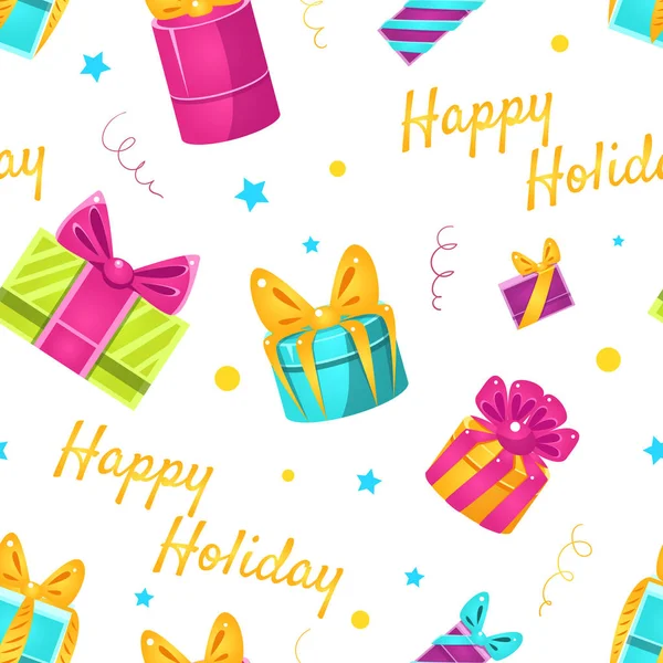 Felices fiestas patrón sin costuras con coloridas cajas de regalo, elemento de diseño se puede utilizar para el papel pintado, embalaje, ilustración de vectores de fondo — Vector de stock