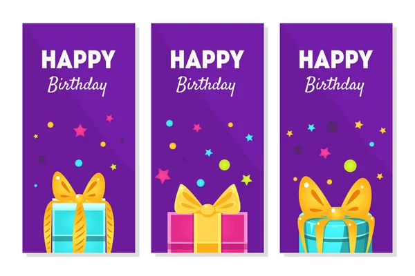 Happy Birthday banery zestaw, Wesołych Świąt kartki okolicznościowe z podarunkami Vector ilustracji — Wektor stockowy