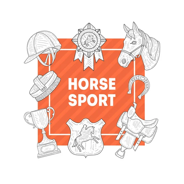 Modelo de bandeira de esporte de cavalo com equipamento de cavalo, escola de cavalo, aulas de equitação, criação de cavalos, clube equestre, ilustração vetorial desenhada à mão monocromática — Vetor de Stock