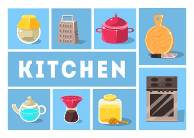 Mutfak Aletleri Seti, Mutfak Gereçleri Koleksiyonu, Web, Banner veya Site Vektör İllüstrasyon için Pişirme Gereçleri Simgeleri