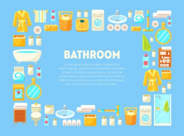 Metin Yeri ile Kare Şekil Banyo Çerçevesi, Banyo İç Elemanları, Tuvalet Malzemeleri Vektör İllüstrasyon