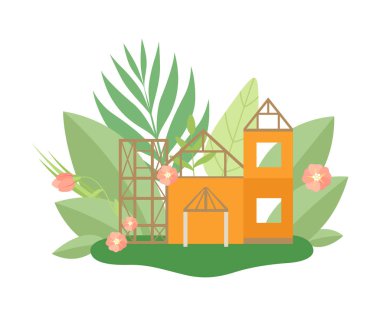 Çiçek açan çiçekler ve yaprakvektör İllüstrasyon ile İlkbahar veya Yaz Sezonunda İnşaat Sürecinde Ev