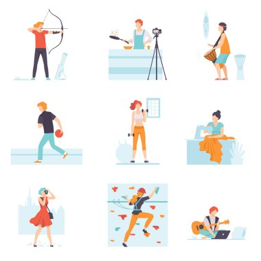 İnsanlar Çeşitli Hobiler Seti Zevk, İnsanlar Etnik Drum Playing, Çekim Yay, Bowling Oynamak, Fitness Yapma, Fotoğraf, Dikiş, Gitar Vektör İllüstrasyon Oynamak