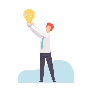 Elinde Parlak Parlayan Ampul Tutan İşadamı, İyi Bir Fikre Sahip Olan Adam, Beyin Fırtınası, İnovasyon, Yaratıcılık Kavramı Vektör İllüstrasyonu