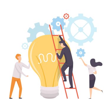 Ofis Meslektaşları Yeni Proje De Çalışma, Büyük Yanan Ampul Için Adam Tırmanma Merdiveni, Takım Çalışması, Beyin Fırtınası, Yenilik, Creativie Düşünme Kavramı Vektör İllüstrasyon