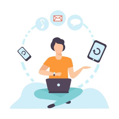 Genç Adam Mobil Cihazlar Kullanarak İnternet Üzerinden İletişim, Guy Sohbet, E-posta Yazma veya Bilgi Arama, Sosyal Ağ Vektör İllüstrasyon