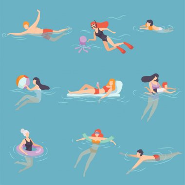 Tatil Setinde Denizde, Okyanusta veya Yüzme Havuzunda Dinlenen Ler, Yaz Açık Hava Etkinlikleri Vektör İllüstrasyonu