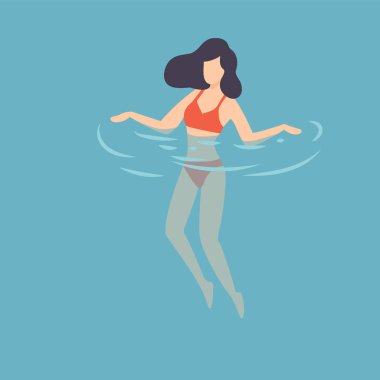 Kırmızı Mayo suda Yüzme Esmer Kız, Denizde Rahatlatıcı Kadın, Okyanus veya Yüzme Havuzu, Yaz Açık Hava Etkinlikleri Vektör İllüstrasyon