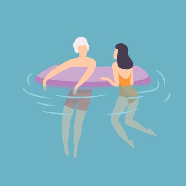 Genç Çift Air Mattress, Genç Adam ve Kadın Denizde Rahatlatıcı Yüzen, Okyanus veya Yüzme Havuzu Yaz Tatili Vektör İllüstrasyon at