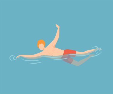 Genç Adam Suda Yüzme, Adam Denizde Rahatlatıcı, Okyanus veya Yüzme Havuzu Yaz Tatil Vektör İllüstrasyon