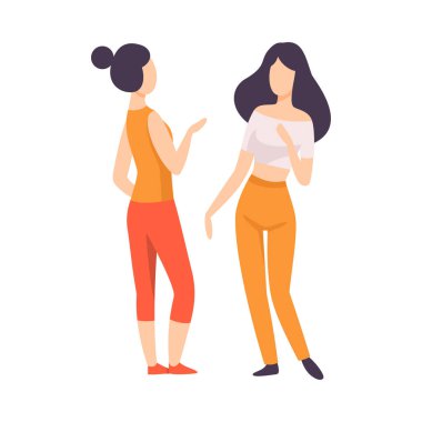 İki Genç Kadın Casual Giyim Ayakta ve Konuşma Giyinmiş, İnsanlar Birbirlerine Vektör İllüstrasyon Konuşan