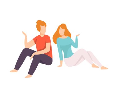 Genç Erkek ve Kadın Casual Giyim Oturma ve Konuşma, İnsanlar Birbirlerine Vector İllüstrasyon Konuşan Giyinmiş