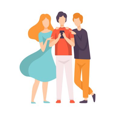 Üç Arkadaş Birbiriyle Konuşuyor Akıllı Telefon Vektör İllüstrasyonuna Bakıyor