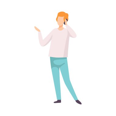 Genç Adam Casual Giyim Giymiş Smartphone Vektör İllüstrasyon Talking