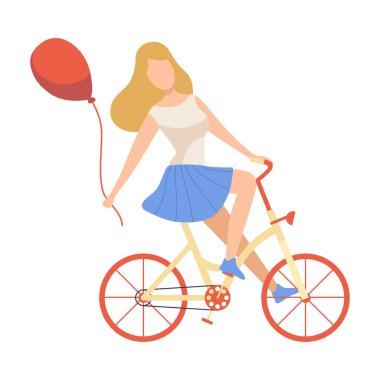 Kırmızı Balon Vektör İllüstrasyon ile Casual Giyim Binicilik Bisiklet Kız