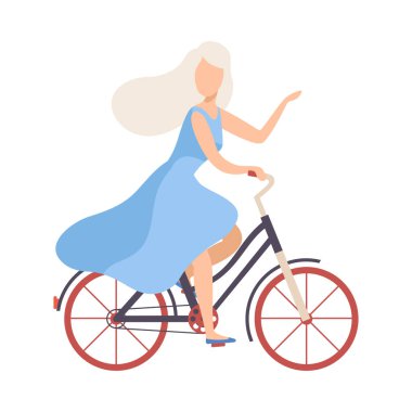 Açık Mavi Elbise Ligezen Bisikletli Sarışın Kadın, Bisikletli Kız Rahatlatıcı veya İşe Giden Vektör İllüstrasyon