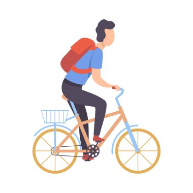 Sırt Çantası Bisiklet Sürme ile Genç Adam, Bisiklet Adam Egzersiz, Rahatlatıcı veya İş Vektör İllüstrasyon Going