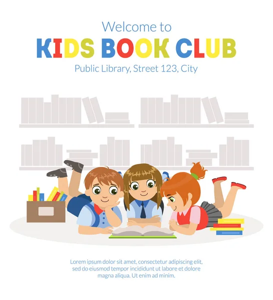 Dzieci Book Club banner szablon z miejscem na tekst, śliczne Little Boys and Girls czytanie książek razem wektor ilustracji — Wektor stockowy