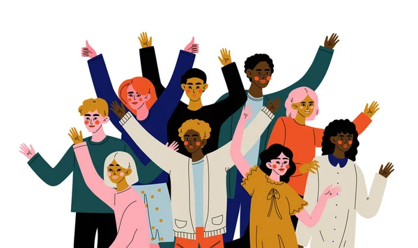 Vrolijke menigte van mensen van verschillende nationaliteiten, gelukkige jonge mannen en vrouwen staan samen sociale diversiteit vector illustratie — Stockvector