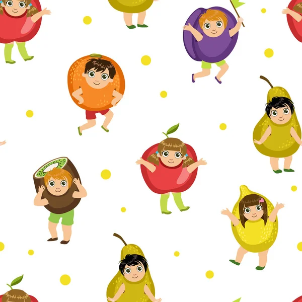 Симпатичные дети во фруктовых костюмах Бесшовный узор, Очаровательные дети одеты как фрукты, Дизайн Элемент может быть использован для обоев, упаковки, фоновые векторные иллюстрации — стоковый вектор