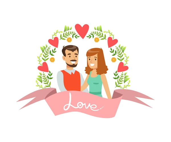 Happy Couple in Love Characters in Floral Frame, Portrait on Newlyweds Vector Illustration — Stock Vector