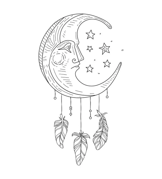 Atrapasueños con cara de luna, símbolo étnico indio ilustración vectorial dibujada a mano — Vector de stock