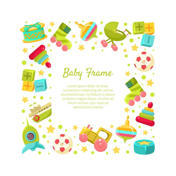 Baby Frame of Square Shape with Place for Text and Cute Toys Vector Illustration — Stock Vector