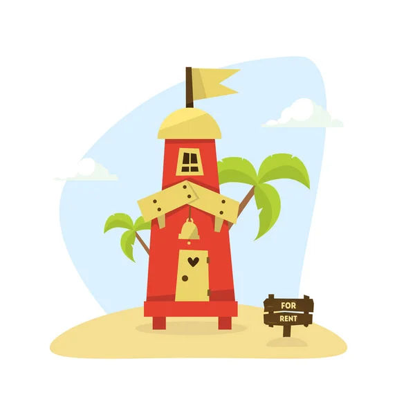 Bungalow Tropical de Madera, Casa en la Playa en Alquiler, Viajes y Vacaciones Vector Illustration — Archivo Imágenes Vectoriales