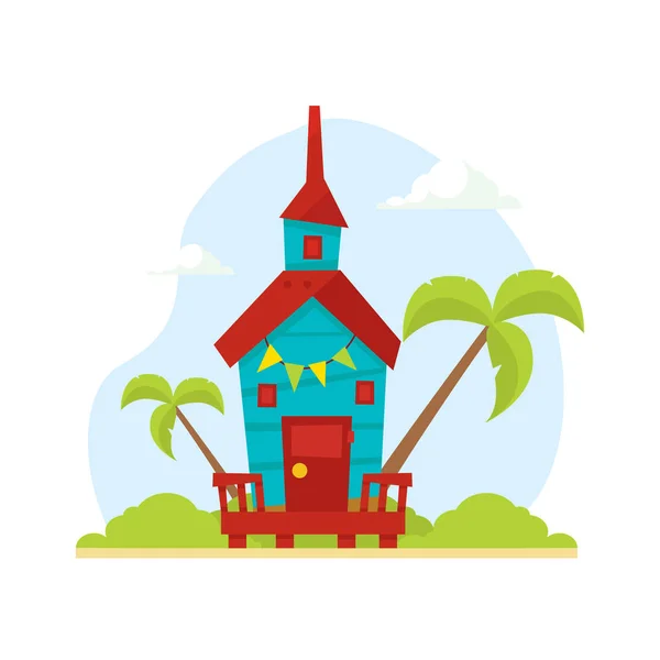 Bungalow tropicale di legno, casa sulla spiaggia, illustrazione del vettore di viaggio e di vacanza — Vettoriale Stock
