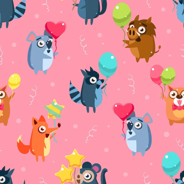 Cute Funny Animals with Colorful Balloons Seamless Pattern, Childish Style Design Element Can Be Used for Fabric, Wallpaper, Packaging Vector Illustration — Stock Vector