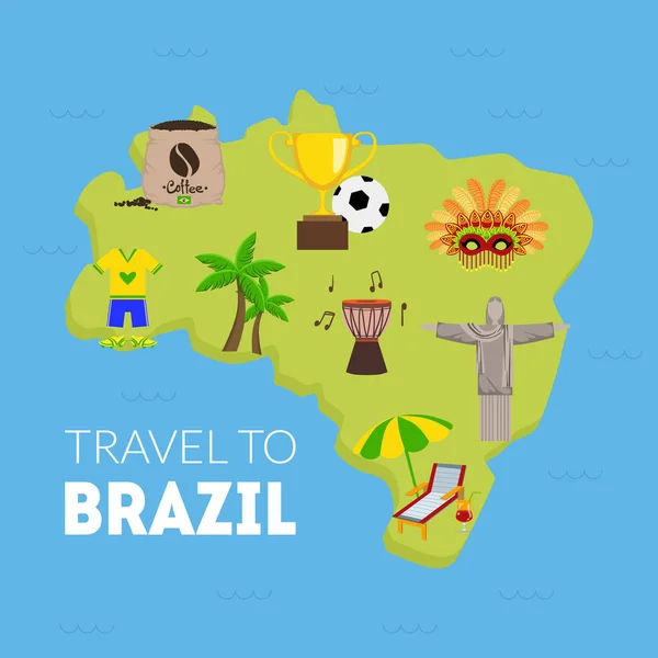 Viaggio in Brasile, Mappa Turistica del Brasile con simboli culturali. Elemento di design può essere utilizzato come poster turistico, illustrazione vettoriale volantino — Vettoriale Stock