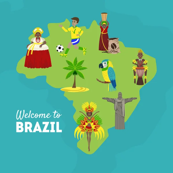 Reis naar Brazilië, kaart van Brazilië met culturele symbolen. Ontwerp element kan worden gebruikt als toeristische poster, Leaflet vector illustratie — Stockvector