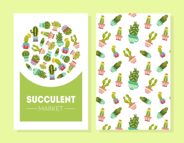 Succulents Card Template, Cactuses in Flower Pots Seamless Pattern, Flower Shop Design Element, Banner, Invitation, Voucher, Flyer, Coupon — Stock Vector