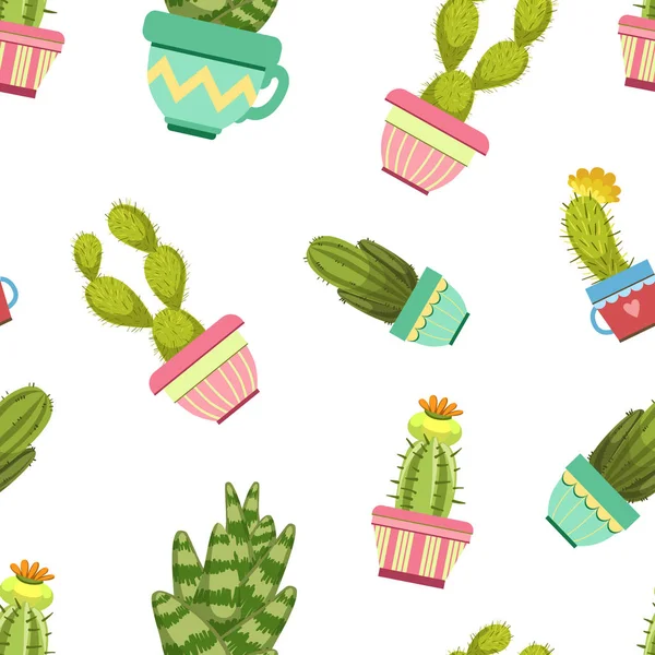 Cactuses and Succulents in Flower Pots Seamless Pattern, Design Element Can Be Used for Fabric, Wallpaper, Packaging, Background Vector Illustration — Stock Vector