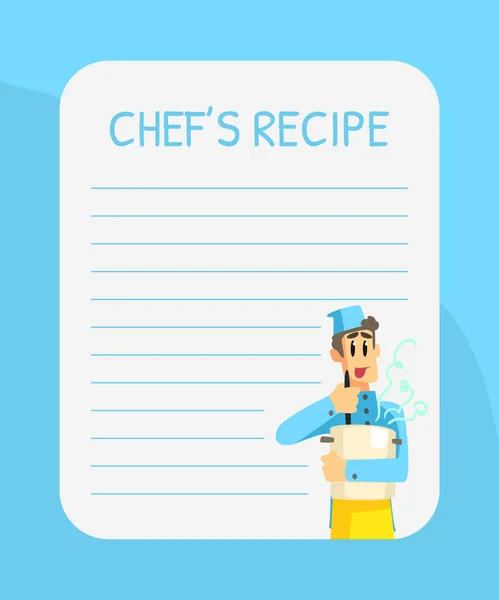 Plantilla de tarjeta de receta en blanco con Chef alegre, Página del libro de cocina Vector Illustration — Archivo Imágenes Vectoriales