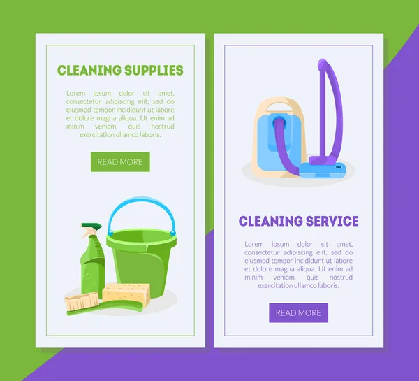 Cleaning Service and Supplies Landing Page Templates Set, Professional House or Office Cleaning, Tools for Cleanliness Vector Illustration — Stock Vector